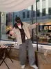 Estilo Americano High Street Gola Contrastante Antiga Costura PU Lavagem Água Cinza Claro Usar Jaqueta Jeans Outono Retro Casual Exterior