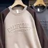 Moletom espesso com blocos de cor em relevo estilo americano para homens, marca da moda retrô para outono e inverno, corte solto, tamanho grande, gola redonda, top casual masculino
