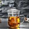 Taza de té de flores de vidrio resistente al calor para el hogar, venta al por mayor de fábrica, taza de té de oficina de tres piezas con filtro, logotipo
