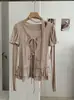 KEKEZOON Conjunto de Duas Peças para Mulheres 8818, Estilo Doce Japonês e Coreano, Manga Longa, Gola Redonda, Camisa Básica com Lenço de Gola Amarrado com Babados