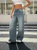 Nuevos jeans de moda para mujer, versátiles, lavados, de corte holgado, pierna ancha, con bolsillos inclinados, exclusivamente para los mercados transfronterizos europeos y americanos, estilo high street