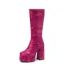Botas de moda com estampa de leopardo bico quadrado zíper lateral cano médio Botas de cavaleiro plataforma dupla salto alto grosso 40-50 botas de comércio exterior