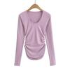SY8808-24 Otoño Nuevo Estilo Coreano Chica de Deseo Puro Cuello en U Pliegues Laterales Ajustada Fregado Camiseta de Manga Larga