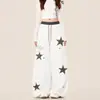 Calça de moletom esportiva retro americana com estampa de leopardo e bordado de estrela para homens e mulheres, calça longa casual larga reta solta para primavera e outono