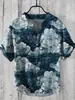 Camisa de Manga Corta con Cuello en V de 3 Botones, Estampado Digital, Paisaje de Carpas 3D Digital con Transferencia de Calor, Transfronteriza Europea y Americana 2024