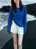 Camiseta tejida de manga larga con cuello redondo azul para mujer, estilo fino de verano, adecuada para vacaciones en la playa, cubierta solar, top para aire acondicionado