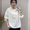 Camisa de Manga Larga para Mujer de Algodón de Doble Capa con Capucha, Holgada, Versátil, Moda, Color Sólido, Estilo Nuevo, Casual Artístico de Primavera y Otoño