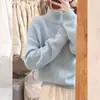 Suéter Azul de Cuello Alto Medio Estilo Suave para Mujer Otoño e Invierno Suave Ceroso Blanco Leche Holgado Prendas Exteriores Suéter Superior