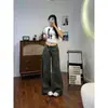 Jeans de cintura alta para outono, slim, feminino, para mostrar pernas longas, calças de perna larga verde militar, look moderno, calças casuais, cobrem os quadris