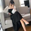 Vestido Preto de Organza de Manga Longa para Mulheres Nova Primavera e Outono Costurado Gola Quadrada Saia Francesa Saia de Renda Retrô