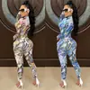 C5505 Aliexpress Amazon Wish Moda Cuello Redondo Pintado Cremallera Manga Larga Pantalones Largos Malla Transparente Conjunto de Dos Piezas
