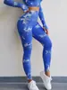 Ropa de yoga tie-dye europea y americana para otoño e invierno, pantalones deportivos ajustados para levantar glúteos, traje de yoga transpirable de manga larga para exteriores, para mujer