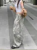 Jeans Feminino Retro Americano com Lavagem Desgastada e Estampa de Leopardo, Calça Flare Solta e Estilosa de Verão Comprida