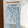 Saia de Renda para Quadril Feminina Verão Bordado Vazado Camadas Artefato Jeans Combinando Saias Estilo Coreano Saia de Alta Qualidade