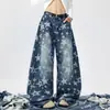 Jeans Americano Retrô Lavado 2025 Masculino Camuflado Cimitara Calças de Perna Larga Street Jeans Desconstruído Drapeado Masculino