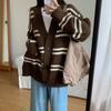 Corea del Sur Dongdaemun Otoño e Invierno Nuevo Estilo Estilo Perezoso Rayas Bolsillo de Solapa Diseño de Pantalones Suéter Holgado y Versátil Cárdigan de Punto