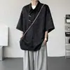 Chaqueta de camisa jacquard abotonada estilo chino de verano, elegante, con tapeta diagonal, camisa de seda helada de manga corta, corte holgado para hombre