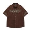 Camisa de Veludo Cotelê de Manga Curta Bordada com Trepadeira de Flores Retro Estilo Americano para Homens e Mulheres Verão Novo Estilo Solto Preguiçoso Camisa de Casal