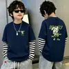 Camiseta de algodón de manga larga estampada para niños, moderna y sencilla, camiseta básica de retazos a rayas estilo coreano, top de imitación de dos piezas, estilo ins
