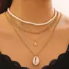 Conjunto de Brincos e Colar com Borlas de Concha Estilo Praia Europeu e Americano Transfronteiriço, Colar Multicamadas com Pingente de Estrela-do-Mar e Concha