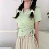 Elegante Camiseta de Manga Corta Ajustada con Escote en V y Cordón, Color Sólido, Tendencia Verano 2026, Puro Deseo