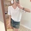 Playera de Diseño Tejido de Manga Corta con Hombro Derecho y Bordes de Oreja, Nuevo Estilo de Verano, Chic, Aspecto Adelgazante, Top Corto Azul Dulce y Picante