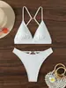 Biquíni Jacquard Branco 3D Europeu e Americano com Amarração no Pescoço para Mulheres Triângulo de Copas Profundo V Peça Única de Roupa de Banho para Férias na Praia