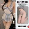 Lingerie Sexy, Decote Profundo em V Sexy, Costas Bonitas, Saia de Quadril Xadrez Azul, Uniforme de Empregada, Body Transparente com Amarração no Pescoço