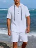 Novo Conjunto de Moda Casual Masculino com Camisas Casuais de Linho de Manga Longa e Bermudas Casuais de Linho de Cinco Pontos