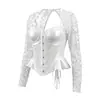 Comércio exterior estilo europeu e americano top de renda com cadarço, top sexy hot girl sem alças de osso de peixe customizado transparente de manga longa para mulheres