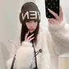 Gorro de Punto con Letra Americana para Mujer Otoño Mezcla de Lana Moderno Circunferencia de Cabeza Grande Hace que la Cara Parezca Más Pequeña Cálido Gorro de Lana