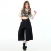 Jeans Crop Azules Oscuros para Mujer, Nuevo Estilo de Moda, Talla Petite, Pantalones Finos de Verano de Cintura Alta Anchos Rectos de Pierna Ancha de Longitud Media