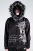 Moletom com capuz estilo escuro com gola de pelo para mulheres, jaqueta de outono com zíper de caimento solto com letras estampadas e patchwork, peça de outer wear da moda de rua