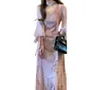 Vestido Largo de Manga Larga con Cuello en V y Lunares Rosa Suave Estilo Francés, Otoño e Invierno Lujo Ligero Elegante Ceñido a la Cintura Adelgazante Vestido Largo Básico