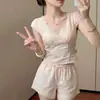 Estilo Puro Deseo Chica Dulce Escote en V Encaje Pijama para Mujer Verano Nuevo Talla Grande Manga Corta Pantalón Corto Ropa de Casa Conjunto de Dos Piezas