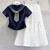 Conjunto de Verano 2026 de Moda con Cuello Azul Marino de Manga Corta para Niñas Mayores, Conjunto de Dos Piezas tipo Falda Estilo Universitario