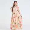 Foto Real de Vestido Estampado de Manga Larga Ajustado con Cinturón, Vestido Maxi de Cintura Alta con Dobladillo Amplio, Estilo Europeo y Americano