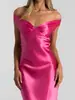 Vestido largo de satén estilo europeo y americano, con hombros descubiertos, escote en V, ajustado, corte sirena, color liso, de alta gama, elegante, C