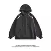 Chaqueta tipo suéter con capucha gris pesada de estilo americano para niño, marca de moda, cárdigan holgado de gran tamaño con costuras en contraste y cremallera.