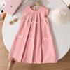 Vestido Infantil Exportação Roupa Infantil 2025 Verão Novo Laço Estéreo Francês Manga Curta Plissado Vestido de Princesa