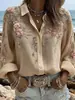 Camisa de Mujer con Solapa de Lino Sintético Transfronteriza Europea y Americana Nuevo Estilo Ropa de Mujer Moda Estampado Digital Holgada Manga Larga