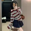 Conjunto de Moda a Rayas de Bloques de Color para Mujer Talla Plus, Hombros Descubiertos, Manga Larga + Falda de Cintura Alta para Mujer