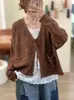 26 Cardigã Casaco Xale de Tricô Simples e Solto com Fio de Algodão Outono/Inverno para Mulheres na Cor Café