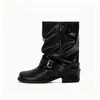 Bota Elegante con Suela Gruesa que Aumenta la Altura Interior y Amplia Circunferencia de Pantorrilla, Color Desgastado, Botines Vaqueros Plisados para Mujer, Botas de Montura Retro