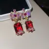 Pendientes Cuadrados de Flor de Zircón con Aguja de Plata, Pendientes Retro de Lujo Estilo Palacio, Pendientes de Lujo Ligero de Gama Alta