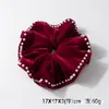 Scrunchie de Veludo Vermelho Pérola Estilo Francês para Saias, Prendedor de Cabelo Grande para Rabo de Cavalo, Acessório de Cabelo Elástico Alto para Coque