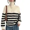 Suéter Rayado de Cuello Alto con Cremallera para Mujer Otoño 2026, Estilo Japonés Suave y Relajado, Cárdigan de Punto Versátil Coreano para Primavera