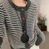 Cárdigan de punto de lana 100% pura con cuello redondo a rayas, estilo Chanel, para mujer, top grueso, abrigo base