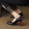 Sapatos de Salto Alto Grosso Marrom Retrô Francês com Tira de Fivela, Bico Quadrado, Sapatos Mary Jane Leves para Mulheres