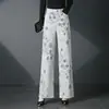 3121 Primavera Outono Jeans de Sarja Calças Jacquard Estilo Chinês Calças de Perna Larga Femininas Novo Estilo Calças de Perna Reta Tencel Calças Longas Largas
